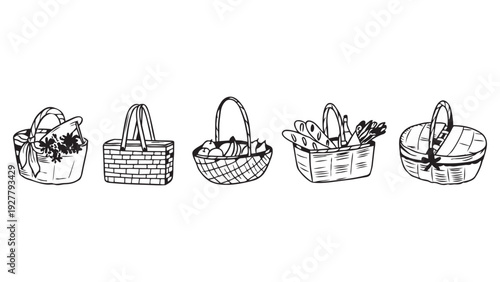 Assortment of Hand-Drawn Outline Picnic Baskets Vector Illustrations. Empty and Filled Baskets for Outdoor Meals and Leisure Activities.