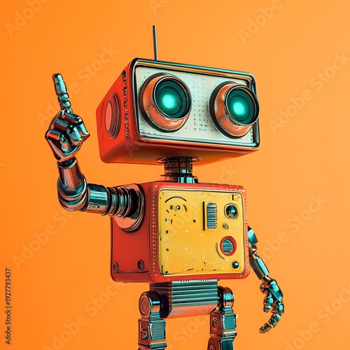 A vintage retro robotic camera machine with a professional lens stands isolated as a film studio toy on a clean white background