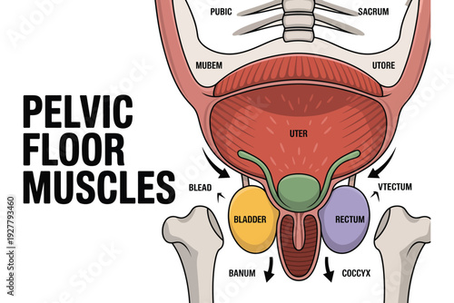 Pelvic floor muscles anatomy illustration with labeled parts