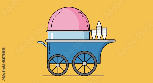 Blue Ice Cream Cart with Pink Scoop and Stacked Cones on Bright Yellow Background