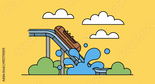 Brown Shoe Slides Down Cartoon Waterslide With Water Splash, Green Bushes, and Bright Yellow Sky in Humorous Playful Scene