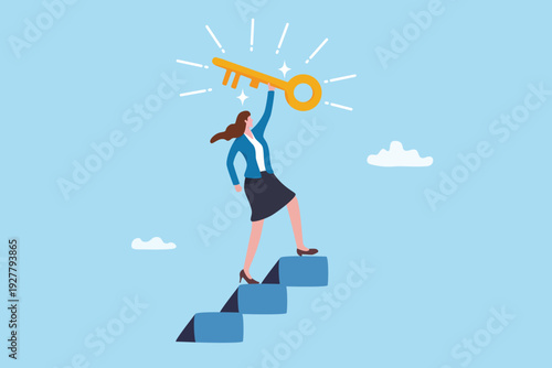 Key to success, achievement or opportunity to unlock full potential, solution to solve problem, aspiration or motivation to win, succeed businesswoman walk up stair of success holding golden key.