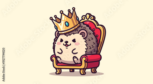 Cartoon hedgehog sits on a golden throne wearing a blue gemstone crown, ruling from a front-center view in a pale-yellow background