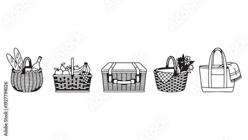 Collection of Hand-Drawn Outline Picnic Baskets with Food and Items Vector Illustration Set. Summer Outdoor Leisure and Food Delivery Concept.