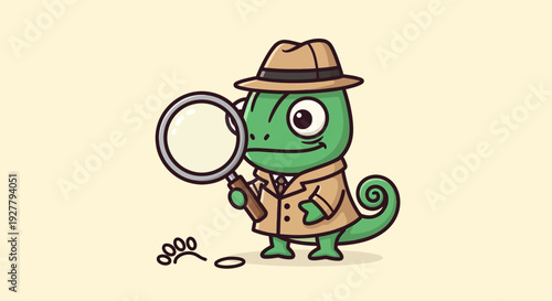 Chameleon detective investigates broken insect case while wearing hat and trenchcoat in a bright yellow cartoon scene