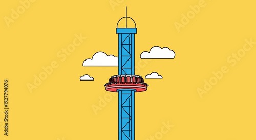 Cartoon Tower Illustration Features Rotating Red‑Black Circle, Blue Lattice, Yellow Dome, Bright Clouds in Cheerful Yellow Background