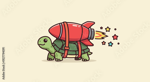 Playful Turtle Rockets Through Colorful Stars in Space – Cartoon Adventure from a Side View
