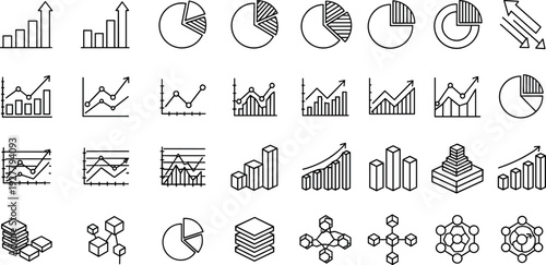 Analytics and Data Visualization Line Icon Set Featuring Charts, Graphs, Statistics, Business Growth, Performance Metrics, Reporting, and Financial Analysis Symbols