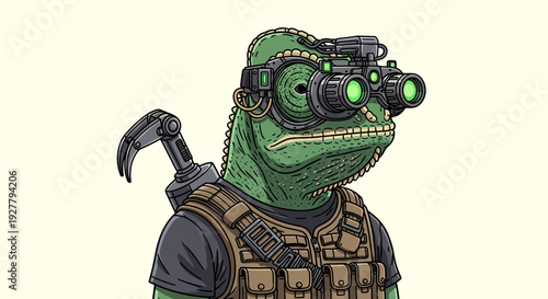 Cartoon alligator wearing tactical vest and goggles, pickaxe ready for adventure and exploration against plain cream background, front view