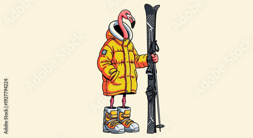 Cartoon Character Stands with Ski Pole on Snowy Path, Wearing Yellow Parka, Orange Boots, and Red Face in a Warm Pale Yellow Landscape