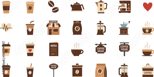 Coffee Shop Icons Set Cups Beans Machine and Cafe Elements