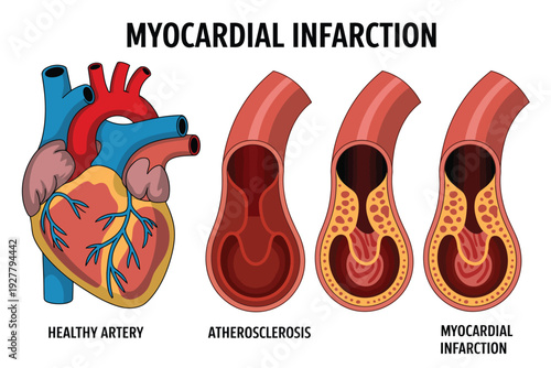 Myocardial infarction illustration showing a healthy artery and heart disease progression