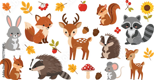 Cute Autumn Forest Animals Cartoon Set with Leaves and Acorns