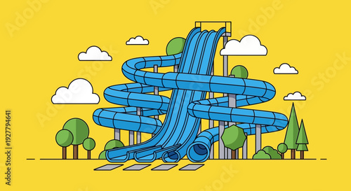 Vibrant cartoon water park with a large blue waterslide, yellow backdrop, playful clouds, surrounding trees, and a summer excitement vibe