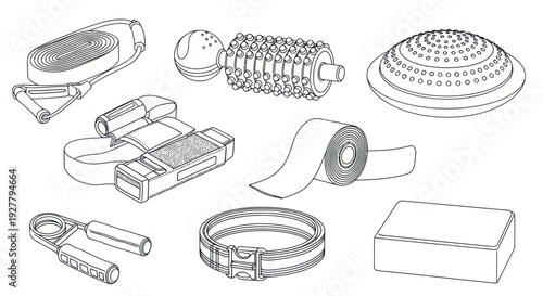 Outline illustration of various fitness, workout, and physiotherapy recovery tools.