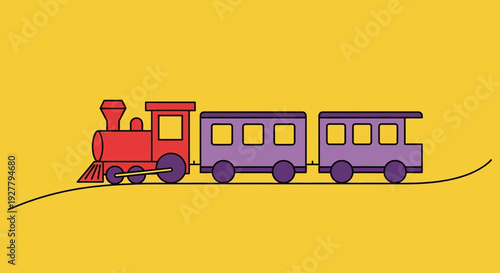 Cartoon Train Race Across Yellow Track Shows Minimalist Engine, Passenger Car, and Caboose in Bright Colors from Front View