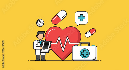 Cartoon Doctor Holding Clipboard beside a Large Red Heart with First Aid Kit and Floating Medical Icons