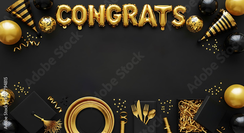 Celebratory table setup with gold 'CONGRATS' balloons, party decorations, and elegant dinnerware on a black background