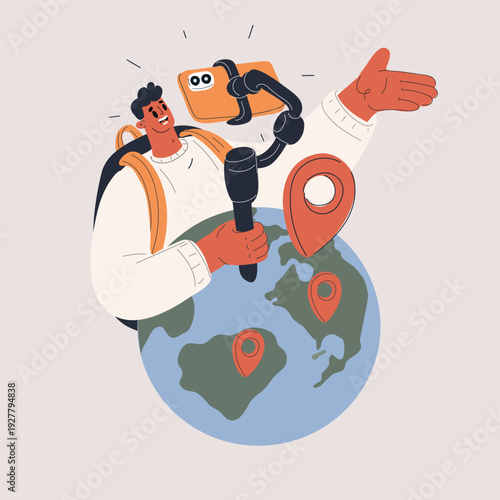 Vector illustration of a man filming himself during travel on a smartphone with a globe and location markers, concept of travel blogging, exploration, and social media