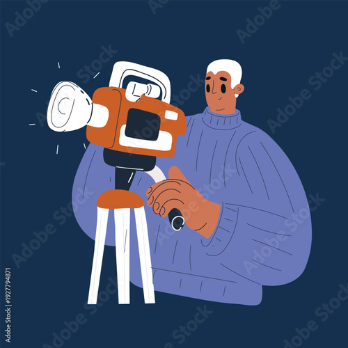Vector illustration of a man filming with a professional camera, concept of video production, media, and content creation