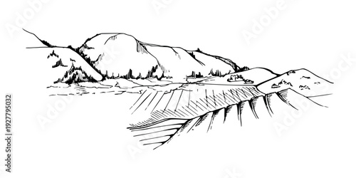 Agricultural landscape with patches of cultivated fields, distant mountains and hills on horizon. Isolated ink vector illustration hand drawn for rural tourism branding, editorial spreads, posters.