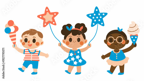 Happy kids celebrating summer with ice cream and balloons