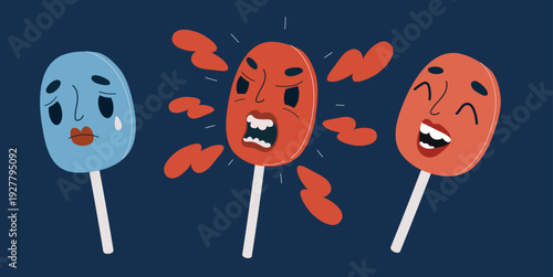 Vector illustration of a set of theatrical masks showing angry, sad, and happy expressions, concept of emotions, drama, and human feelings