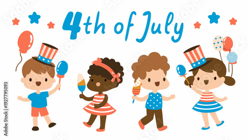 Happy kids celebrating 4th of July with balloons and ice cream