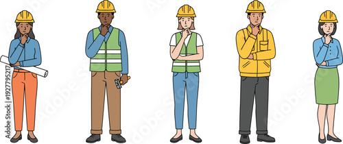 Diverse group of construction workers thoughtfully posing in a line