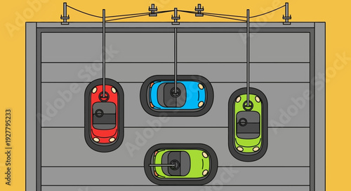 Cars suspended from garage ceiling in graphic formation