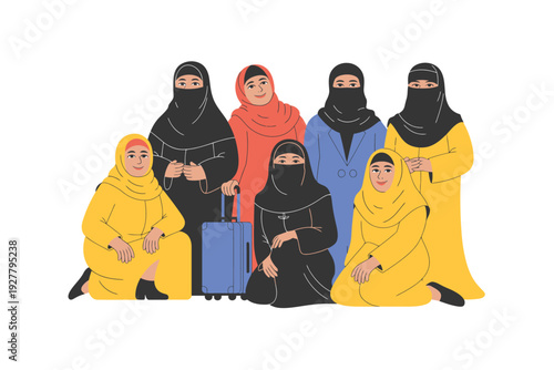 Muslim women illustration wearing hijab and niqab with a suitcase