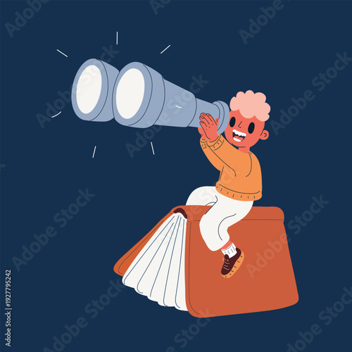 Vector illustration of a little boy flying on a book while looking through binoculars, concept of imagination, adventure, and discovery