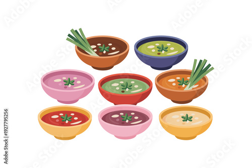 A bowl of soup illustration with various colorful bowls of soup