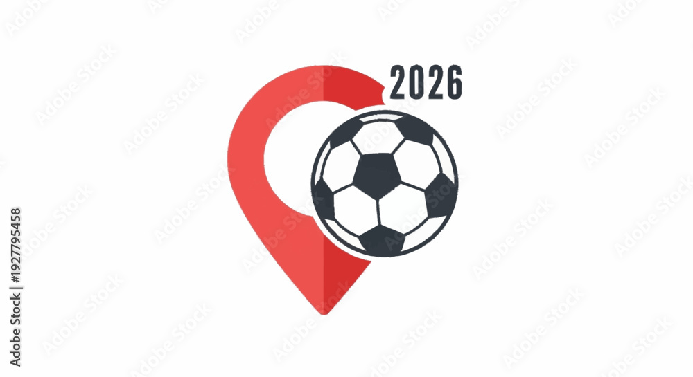 Obraz premium Iconic marker for the 2026 global soccer championship, showcasing a classic football and a location pin, symbolizing the future international tournament host destination