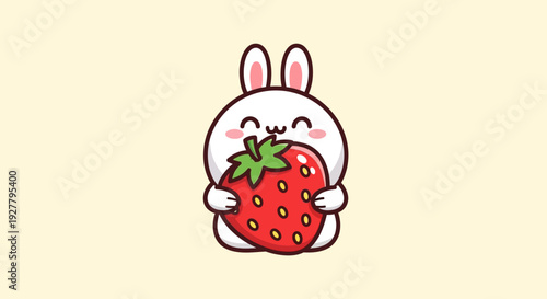 Front view cartoon rabbit happily holding a giant strawberry against a pale yellow backdrop, captured in a cheerful illustration