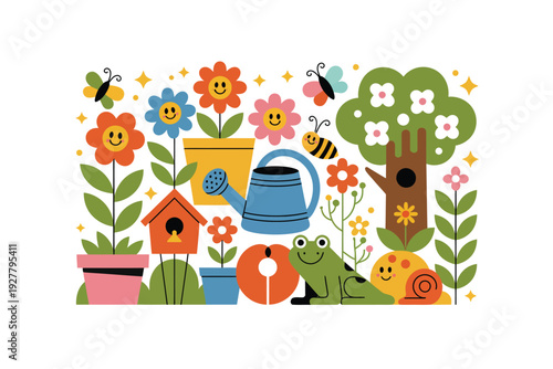 A colorful garden illustration with flowers, frog, and watering can