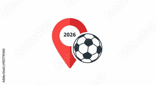 Modern graphic representation of a map pin indicating the designated site for a significant football event, highlighting the year 2026 for an upcoming global sports gathering
