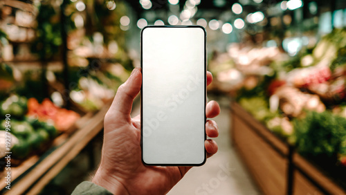 Main tenant un smartphone avec écran blanc dans un supermarché