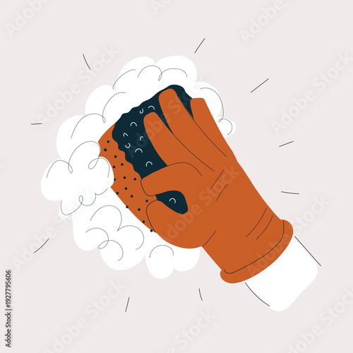 Vector illustration of a hand with a sponge and foam cleaning a surface, concept of cleanliness, hygiene, and household chores
