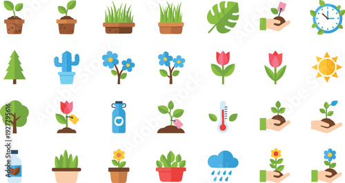 Gardening and Plant Care Icons Set Flat Vector Collection