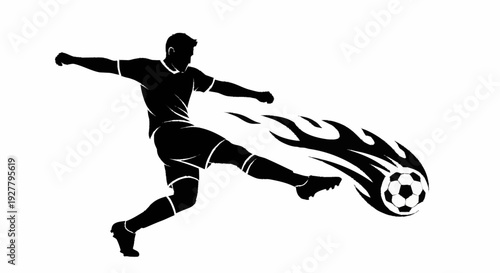 Dynamic silhouette of a football player in action, kicking a flaming ball with intense energy