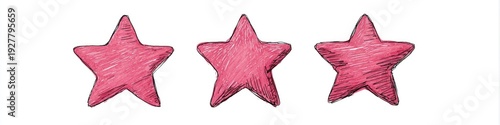 Three hand-drawn, pink five-pointed stars on a white background, each with shaded, textured appearance