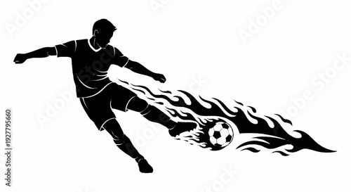 Powerful Silhouette of a Soccer Player Kicking a Flaming Ball
