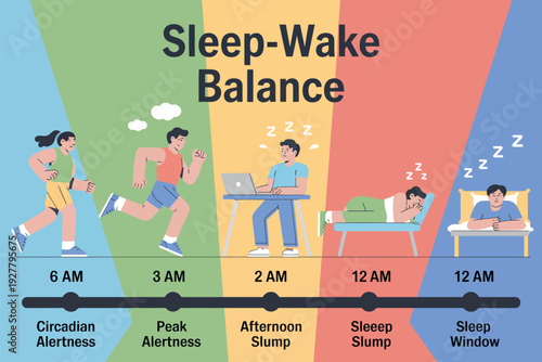 Sleep wake balance infographic with people in different daily activities