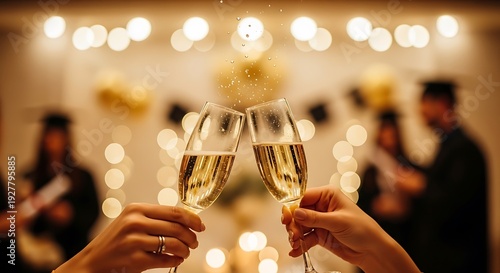 Two hands clinking champagne glasses at a festive gathering with blurred background lights and guests.