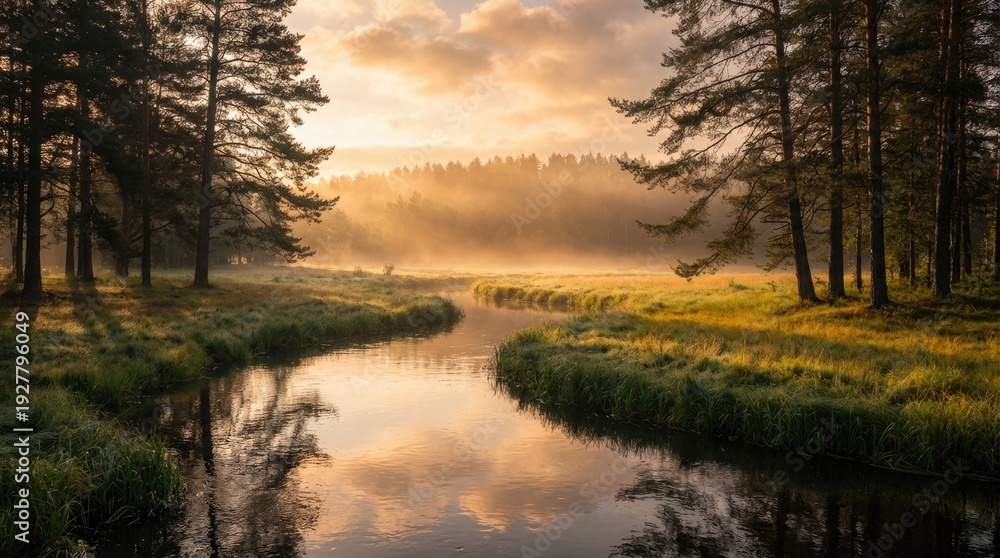 Obraz premium World wetlands day features a river flowing through a forest with trees and vegetation under a bright sky reflecting in the water