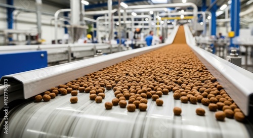 Dry pet food kibble moving on a conveyor belt in an industrial processing factory