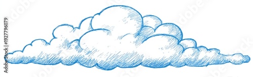 A stylized drawing of a fluffy cumulus cloud with detailed hatch marks, outlined in blue