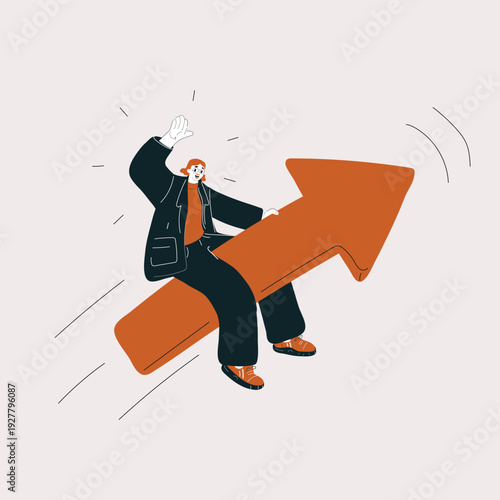 Vector illustration of a woman flying on an arrow, concept of ambition, progress, and success