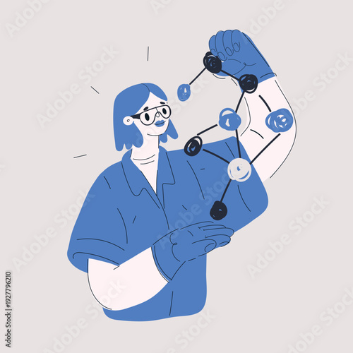 Vector illustration of a woman examining a molecular structure, concept of scientific research, discovery, and curiosity